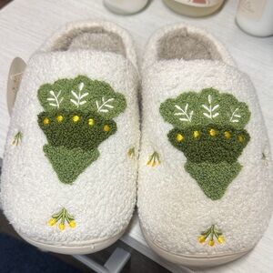 Cozy Cream Slippers with Green Embroidery